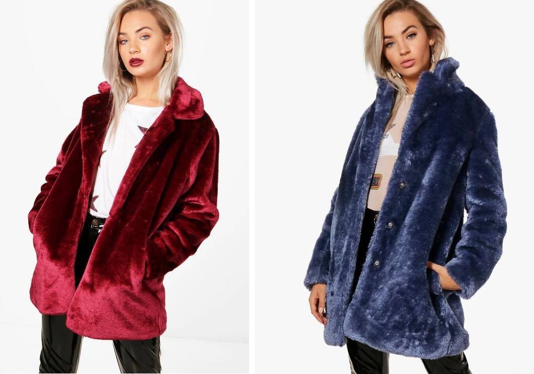 boohoo faux fur Collared Faux Fur Coat deep red navy blue