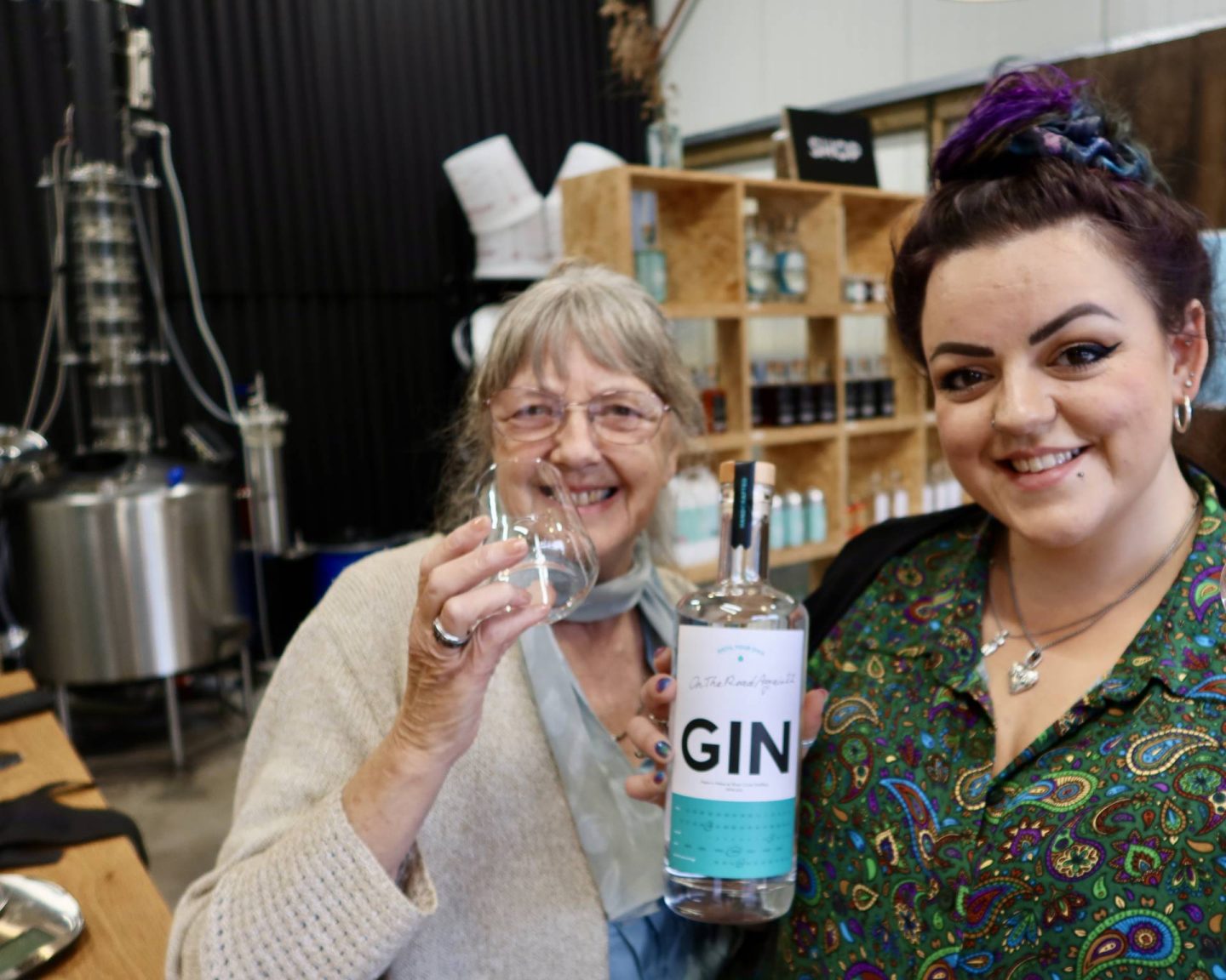 Luisa and her mum with their finished gin at Silver Circle Distillery