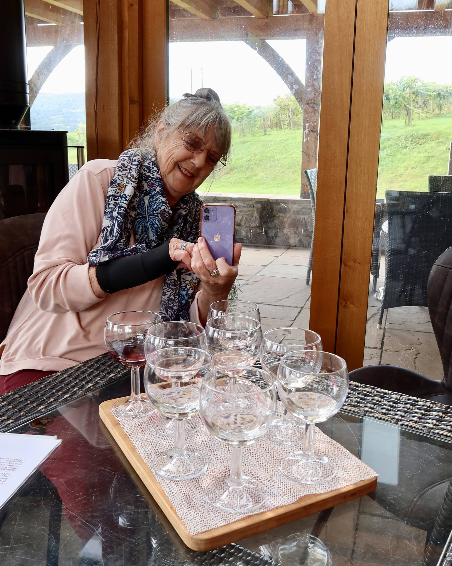 Luisa's mum takes a phot of the wine tasting platter at Sugar Loaf Vineyard.